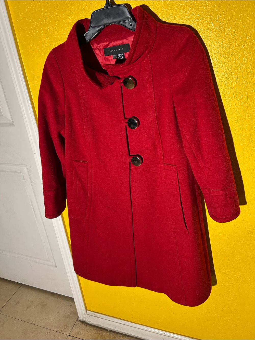Zara Red Button-Front Wool Pea Coat